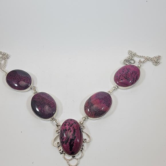 Handmade Rhodonite Gemstone Necklace Sterling Silver Elegant Purple Pink Jewelry - Picture 1 of 10